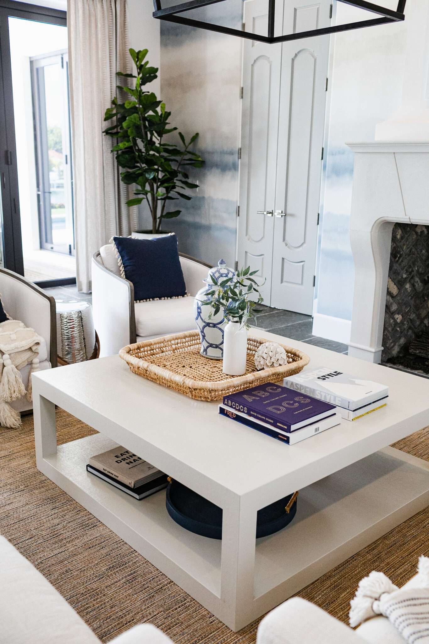 blue and white living room